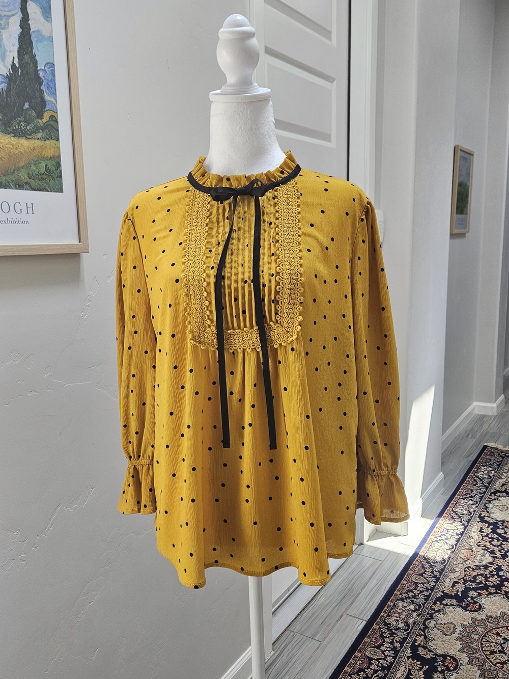 Sweet Wanderer Mustard Polka Dot Ruffle-Neck Blouse with Black Bow